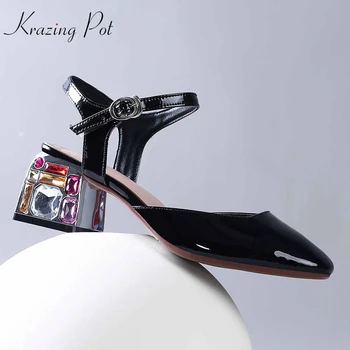 

Krazing pot vintage genuine leather round toe colorful crystal high heels diamond-studded gladiator young girl women sandals L31