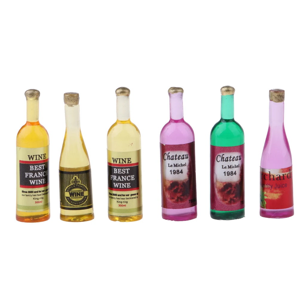 Set of 6 Pieces Miniature Wine Bottles Model Dollhouse Foods Accessories 1/12 Scale Wine Bottles Model Foods Groceries