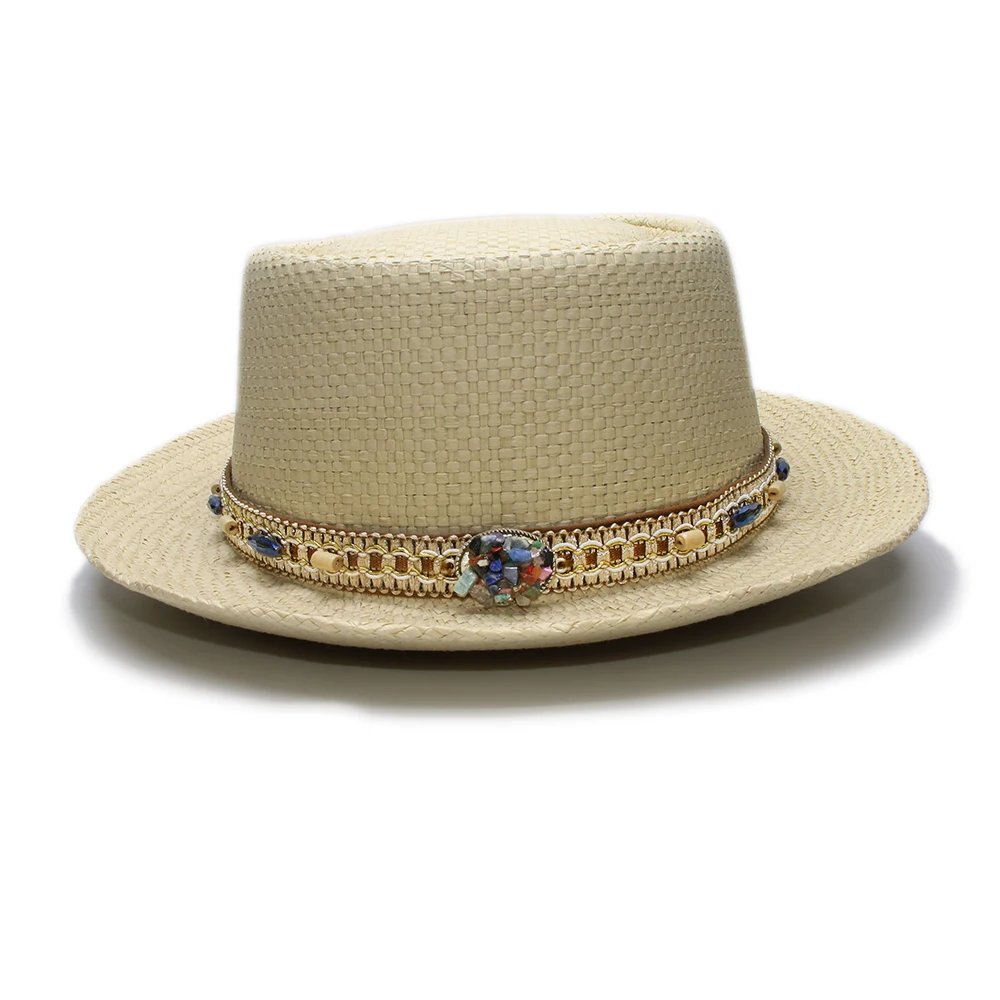 Bohemia/женская и мужская летняя модная трубочка рафия свиной пирог, шляпа от солнца, шляпа для пляжа, шапка с каменными бусинами, вязаная лента