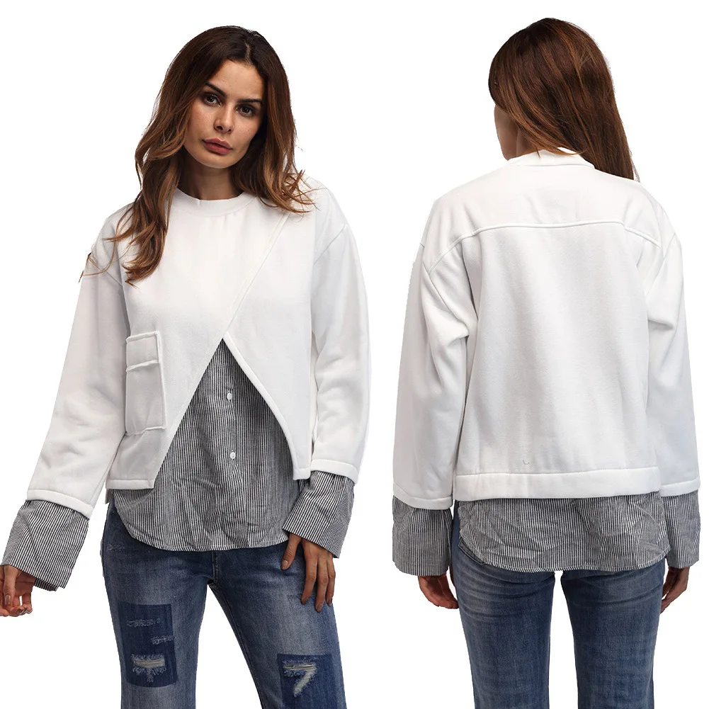 Women's White stitching t-shirt and pullovers Round neck long sleeve dress female good quality fashion Fake two piece shirt