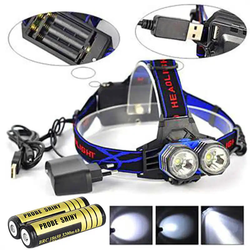 PROBE SHINY 11000LM LED 2X XML T6 Headlamp Headlight Light Head Torch + USB Charger Battery fanatic ,use 18650 battery #4S19 (11)