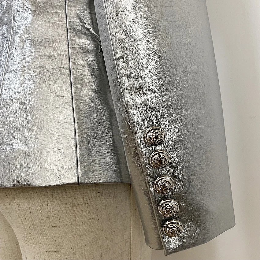 HIGH STREET новейшая мода в стиле барокко, дизайнерский Блейзер, женский пиджак с металлическими пуговицами и львом, пиджак из искусственной серебристой кожи, верхняя одежда