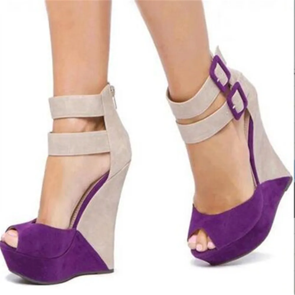 

Beautiful fashion free postage purple suede beige stitching, double buckle belt, zipper, 15 cm wedge sandals. Size: 35-43