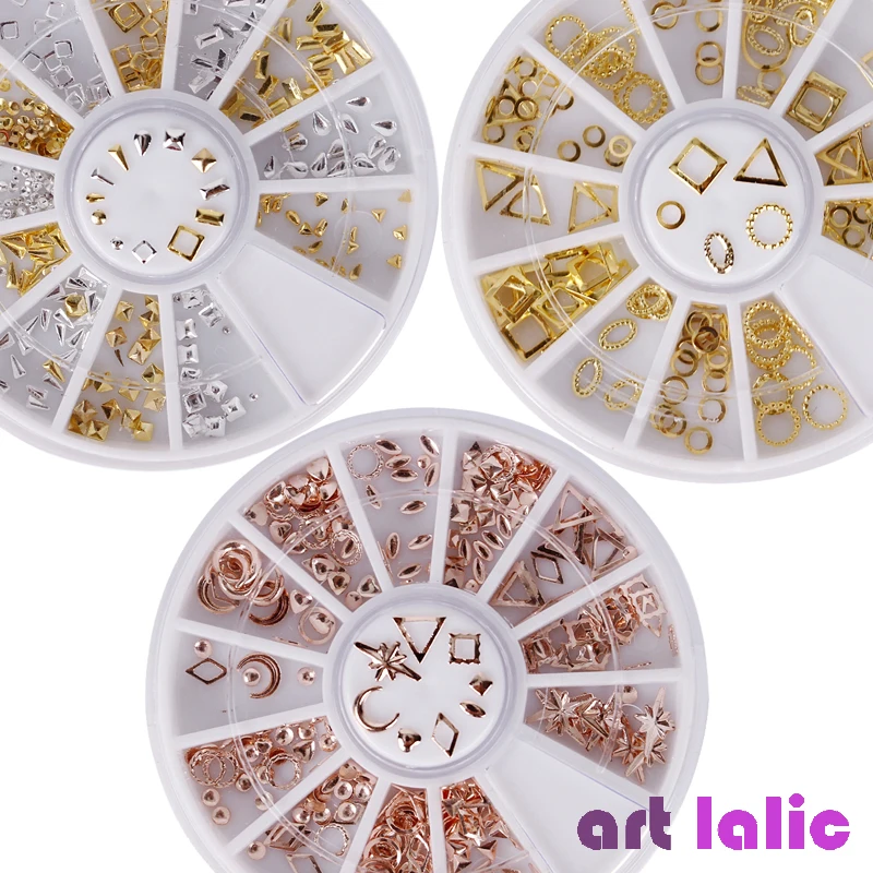 

Rose Gold Rivet Nail Studs 3D Nail Art Decoration Grey Gold Circle Star Round Square Triangle Mixed Accessories in Wheel for DIY
