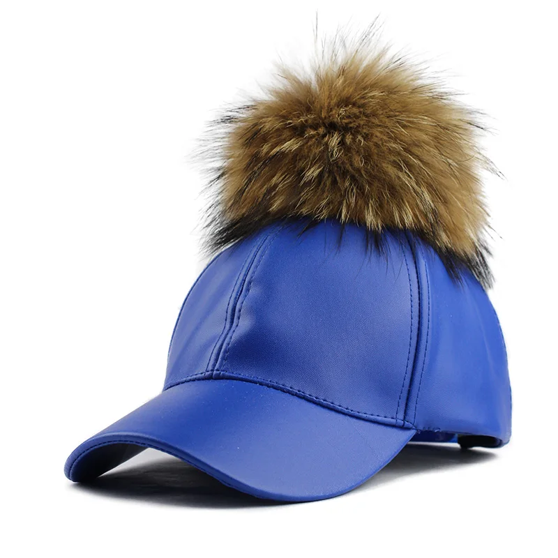 FETSBUY/бейсбольная Кепка из искусственной кожи с помпонами из натуральной норки, Меховая кепка в стиле хип-хоп, Кепка с помпонами, зимние шапки для женщин - Цвет: Pom Blue