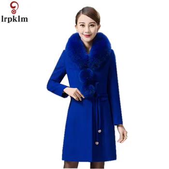 

Women Winter Fashion Long Woolen Coat Faux Fur Collar Elegant Coats Plus Size Adjustable Waist Women Pure Color Outwear CH752