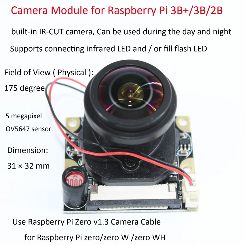 

Raspberry Pi 3 B 5MP Camera module IR-CUT 175 Degree Focal Adjustable Length Night Vision NoIR Camera module for Raspberry Pi 3