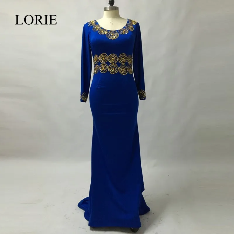 Kaftan Dubai Royal Blue Long Sleeve Evening Dresses 2018 Gold Beading