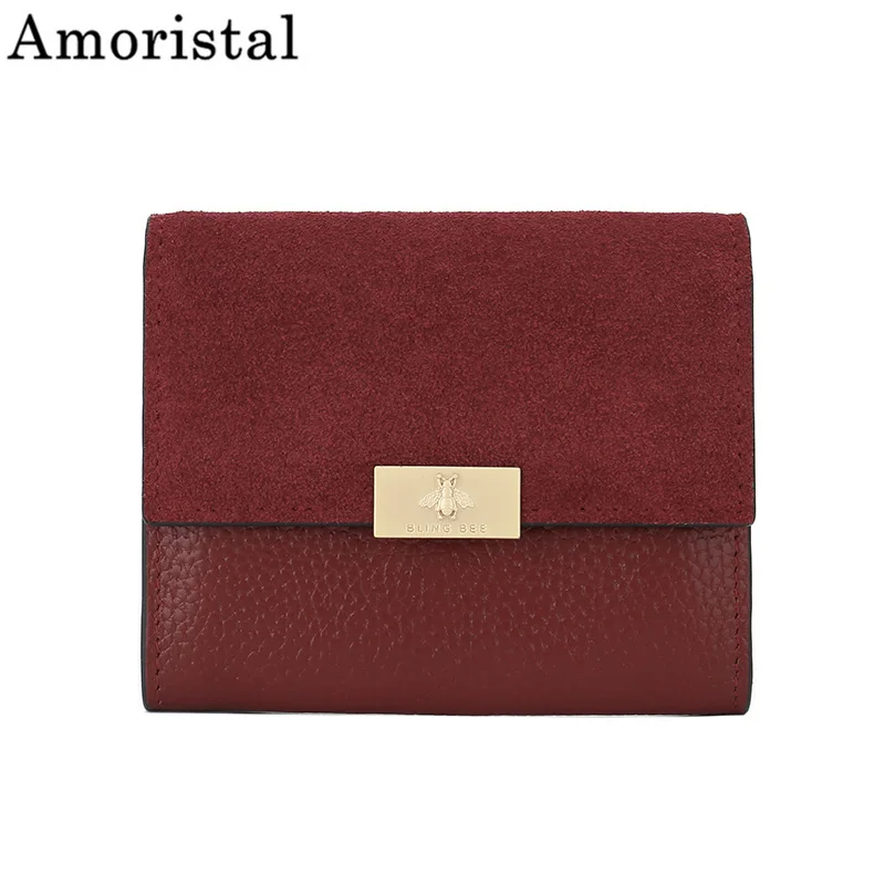 

2019 New Handmade Short Genuine Leather Wallet Matte First Layer Cowhide Three Folding Unisex Ladies Splice Design Fashion SY133