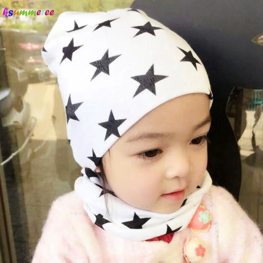 2pcsSet Spring Autumn Cotton Baby Hat Stars Pattern Kids Beanies Scarf Collar Set Boys Girls Beanie Cap Neck Warmers (11)