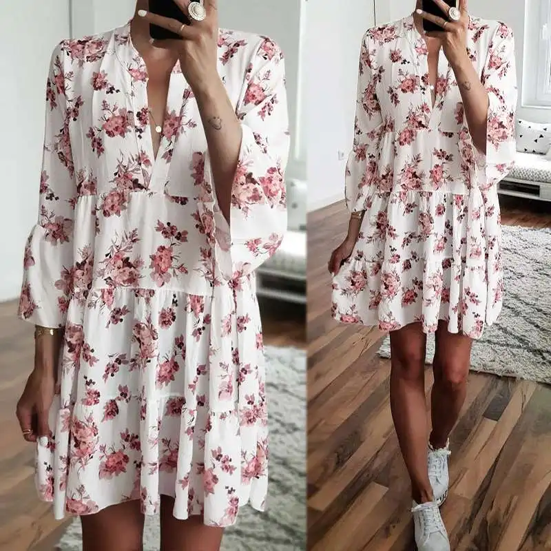 

Floral Mini Dress Summer Women's Sundress 2019 ZANZEA Bohemian Ruffle Vestido Female V-Neck Patchwork Printed Robe Plus Size 5XL