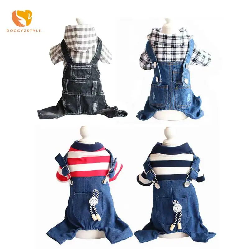 

Dog Striped Jean Jumpsuit Pet Denim Four-legged Rompers For Cat Puppy Clock Decor With Pocket Summer Costume XS-XXL DOGGYZSTYLE