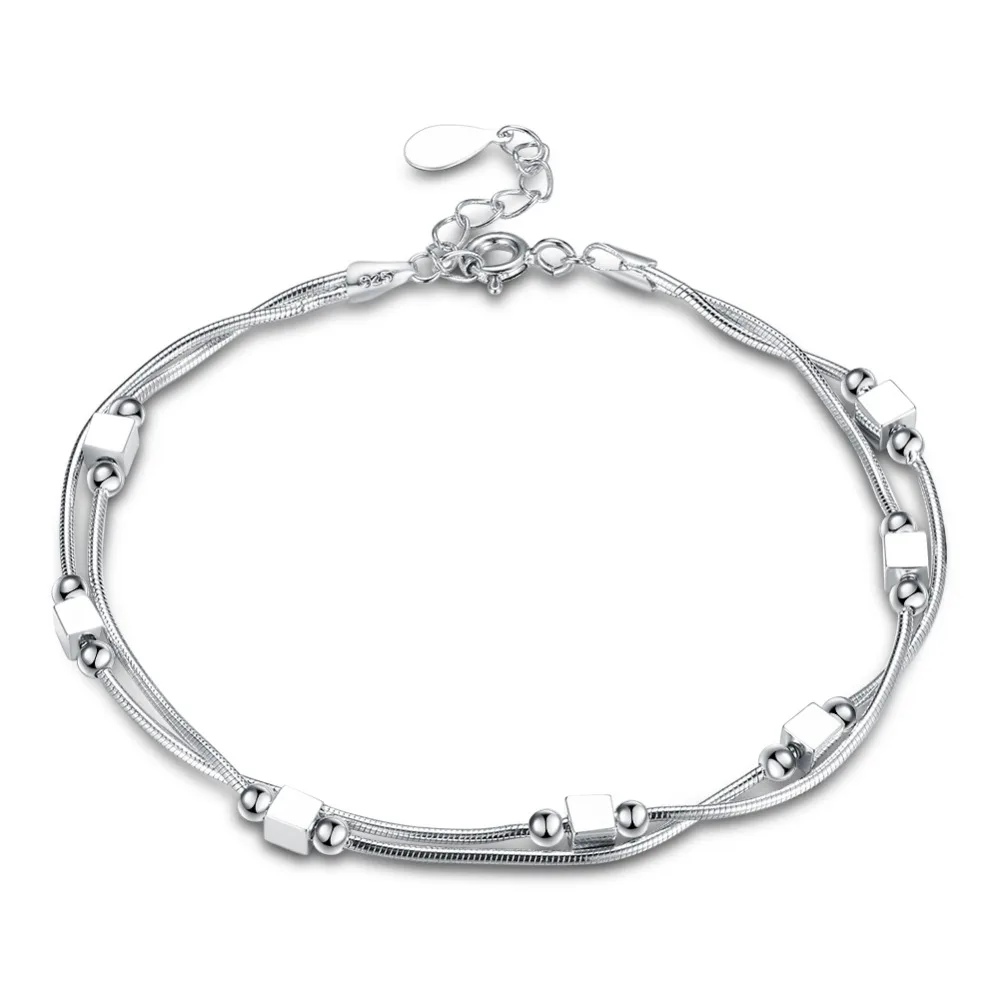 

7.87 inch Adjustable S925 Sterling Silver Double Snake Chain Geometric type Square and Ball Bracelet Jewelry For Women Gift