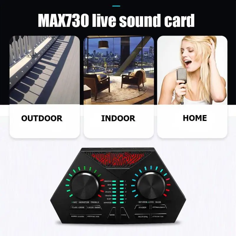

MAX730 Sound Card Live Broadcast Mobile Phone Headset External USB Sound Card High Low Tone Reverberation Adjustable Function