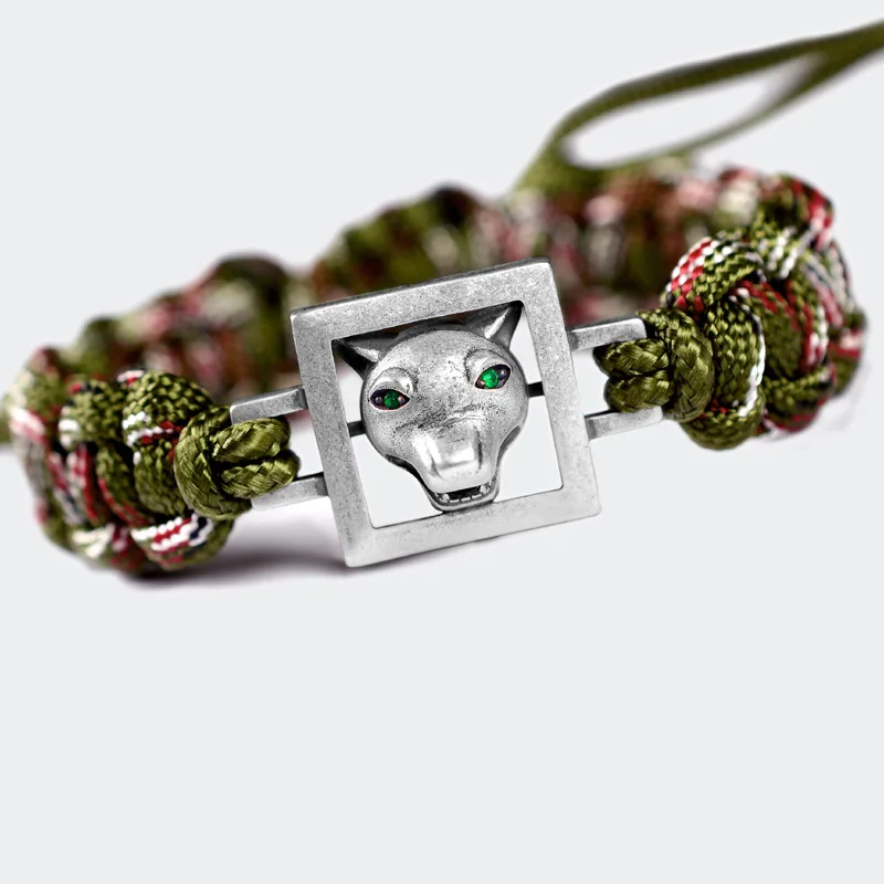 Kopen Vintage Wolf Hoofd Armband 925 Sterling Zilver Handgemaakte Paraplu Touw Handgemaakte Gevlochten Leger Fan Outdoor Hand Strap