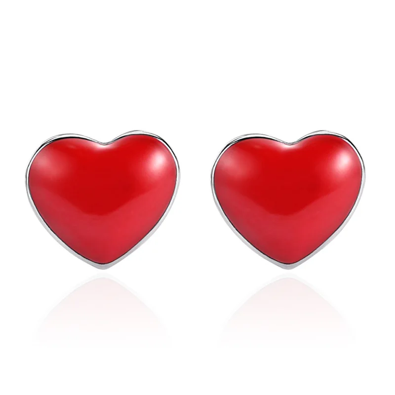 

100% 925 sterling silver romantic red love heart ladies`stud earrings women wedding gift wholesale cheap drop shipping