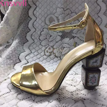

Knsvvli 2019 Runway Gold Strange Style High heels Sandals For Women Peep Toe Ankle Buckle Strap Pattern Heel Shoes Women Pumps