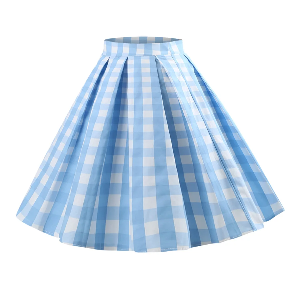 

Kenancy Plus Size S-5XL Plaid Print Vintage Skirt Women Cotton Zipper Casual Midi Skirts Retro 50s High Waist Party Skirts Blue