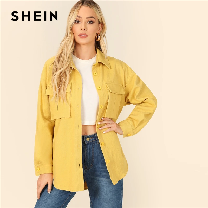 New  SHEIN Yellow Dual Flap Pocket Front Shirt Plain Jacket Autumn 2019 Casual Regular Single Breasted W