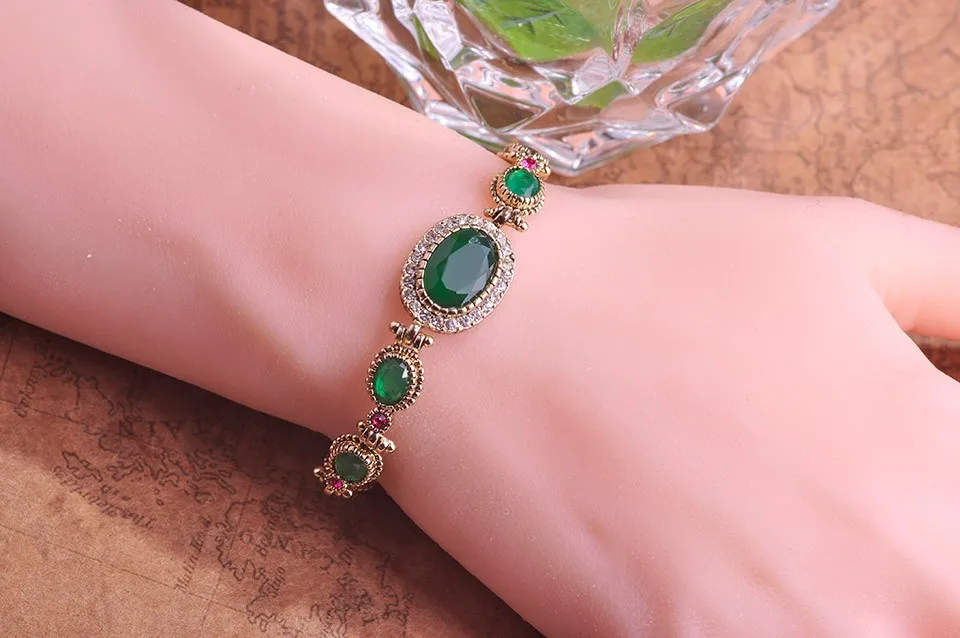 Блуком Изысканный старинный античный золотой цвет Зеленый браслет Овальные турецкие ювелирные изделия Pulseiras Wedding Bangles Браслеты для женщин