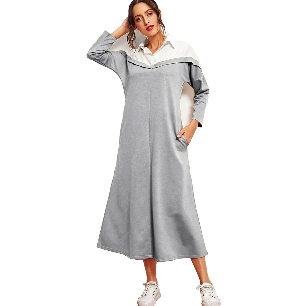 

Muslim dress abayas for women ramadan Women's Lapel Long Sleeve Dress Middle Eastern Muslim Colorblock Maxi Dress D300326