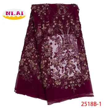 

African Beaded Lace Fabric 2019 High Quality Handmade Lace Material Nigerian Embroidery French Tulle Lace Fabric XY2518B-1