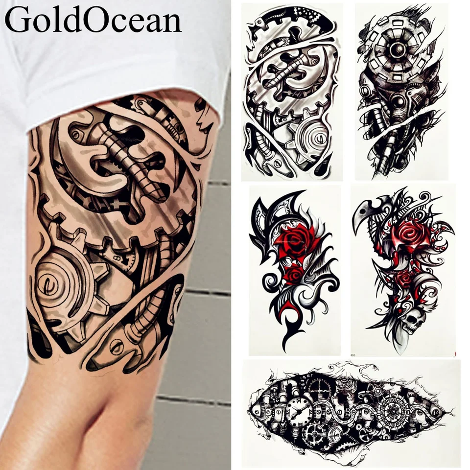 Pegatinas De Tatuaje Temporal Para Hombre Brazo De Robot Grande Tatuajes De Totem Tribal Indio Falso Negro Equipo Falso Tatuajes De Rosas Papel Impermeable Tatuajes Temporales Aliexpress