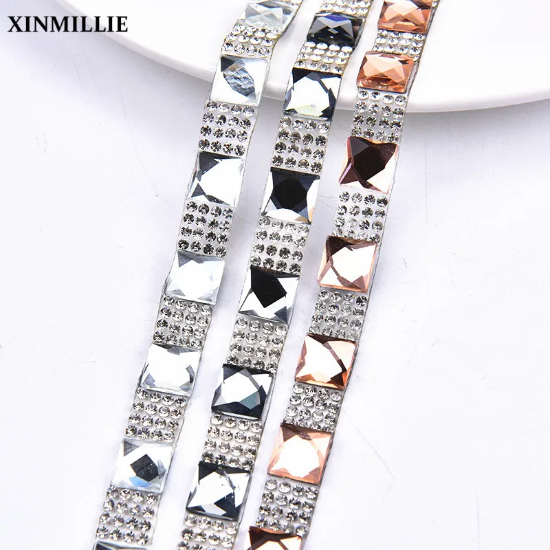 

5yard/Lot Hotfix Rhinestones Trim 2mm Clear Crystal Strass +10mm Square Glass Stone Wedding Decoration Applique Banding Garment