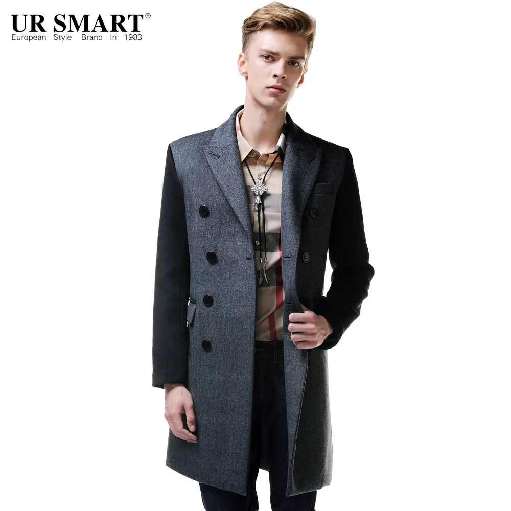 Мужское двубортное шерстяное пальто URSMART, мужское серое пальто-светильник в английском стиле - Цвет: Style gray