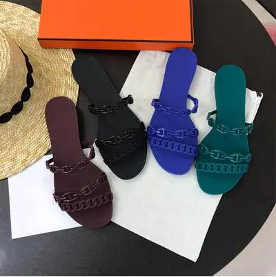 

Women 2019 summer new low-heeled word pearl wool line female sandals flat with soft bottom slip wear home female slippers