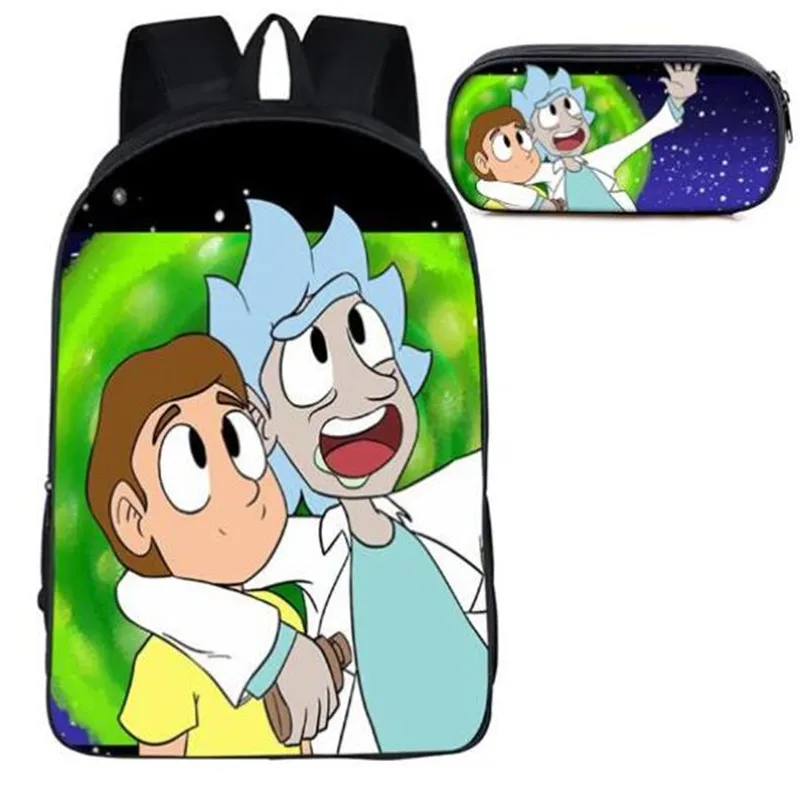 

16 Inch Rick and Morty Bags Set School Pencil Bag Of Kids Backpack School Girls Boys School Bookbag Kids Teens Travel Gift