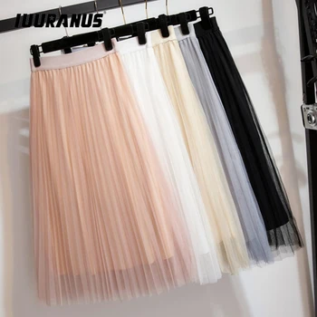 

IUURANUS Women's Tulle Plain Pleated Skirt 2019 New Fashion Black Beige White Pink Grey Mesh Midi Skirt High Waist Woman Skirts