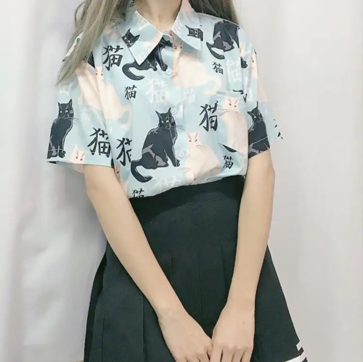 Новая летняя женская рубашка с короткими рукавами и принтом милого кота в японском стиле