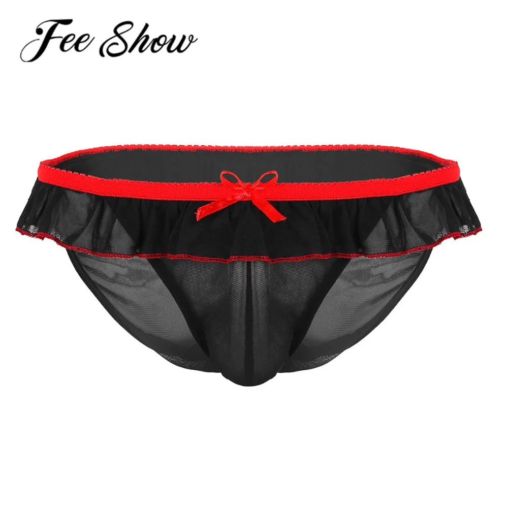 

Sexy Mens Sheer Sissy Panties Cross Dress Underwear Men Lace Thongs Bowknot Open Butt Jockstraps Male Bikini Briefs Underwear