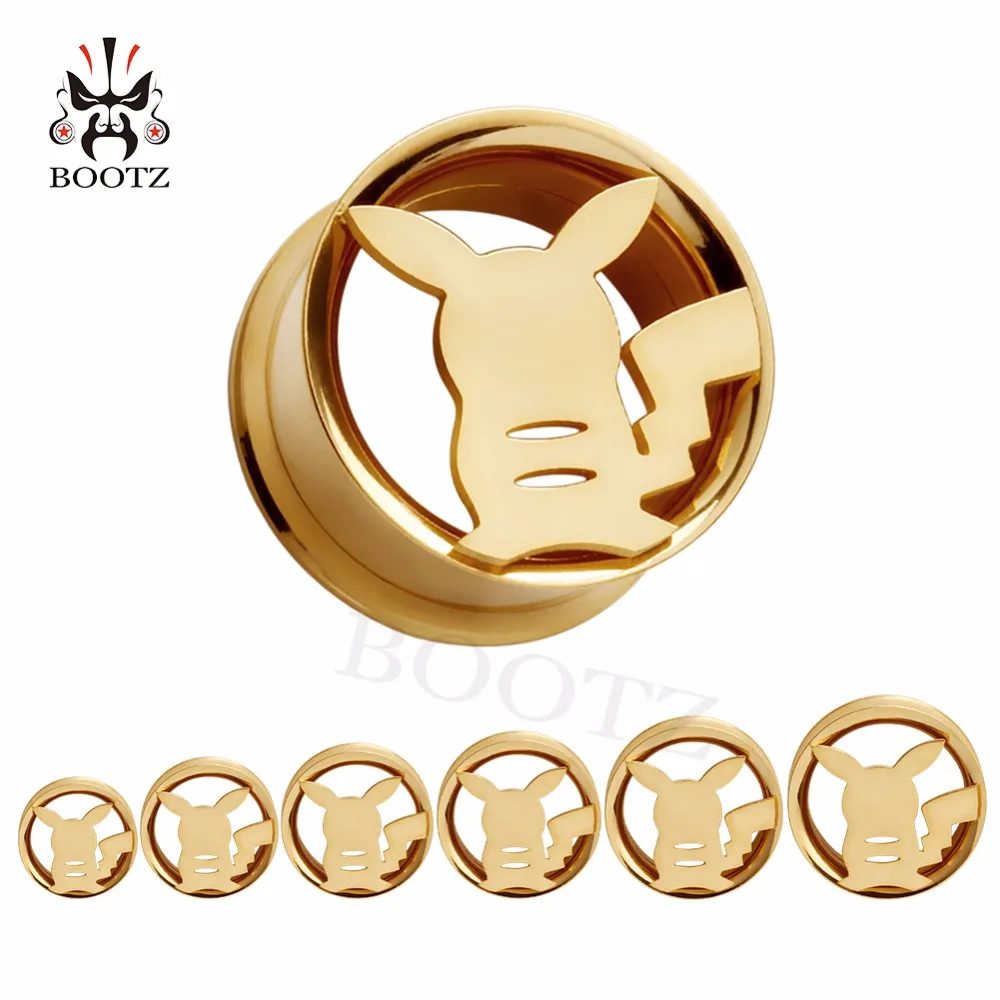 Pikachu stainless steel double flared screw back ear plugs tunnels body