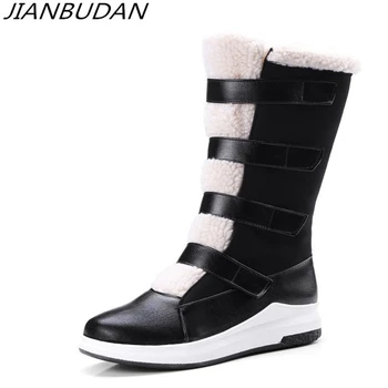 

JIANBUDAN Cotton Plush warm winter women's snow boots PU leather Platform wedge High boots Female winter snow boots Size 34-43