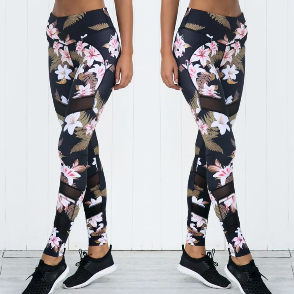 

2019 New Arrival Women High Waist Digital Print Flower Legging Spliced Mesh Fitness Leggings Workout Patchwork Women Leggins