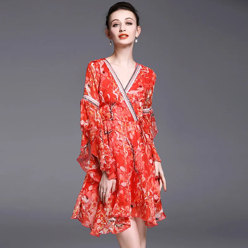 Just.be.never Women Summer Sexy Short Dresses Red Chiffon Vintage Flare Sleeve V-neck Cute Slim Printed Flower Fashion