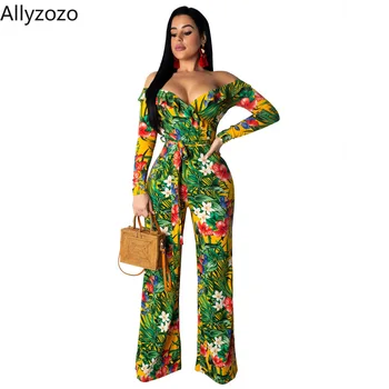 

Allyzozo Spring Summer Strapless Off Shoulder Ruffles Long Sleeve Wide Jumpsuits Sexy Streetwear Green Print Belt Panty Playsuit