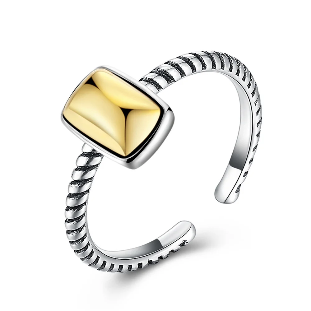 

European and American Retro Style Sterling Silver 925 Rectangle Insert Opening Rings for Women Personality Geometric Jewelry