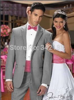 Skup Najlepszy 2 Przycisk Light Grey Groom Smokingi Notch Lapel Best Man Groomsman Mężczyźni ślubne/prom Suits Oblubieniec (kurtka + Spodnie + Krawat + Pas