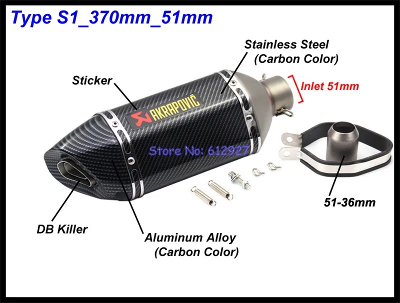 ID: 51 мм/61 мм Длина 570 мм Мотоцикл выхлопная труба akrapovic глушитель Универсальный глушители для мотоциклов Побег - Цвет: Type S1 (370mm)-51mm