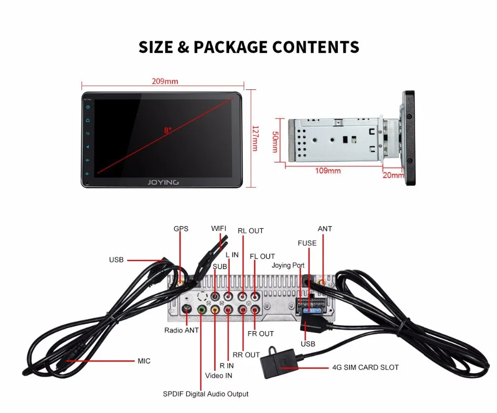 Discount JOYING Android 8.1 car radio 1 din stereo head unit Octa Core 8"HD Screen 4GB ram 64GB ROM support 4G DSP Split Screen SWC audio 25