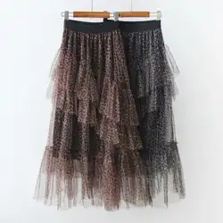 Leopard платье с оборками торт юбка ретро длинный отрезок корейской моды женщин Мути-слой dot mesh стандартная юбка женский
