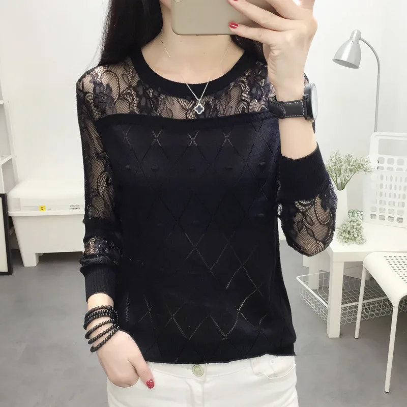 

2021 laceSweater female bottomed blouse short style hollow long sleeve loose-fitting spring new thin Knitted Blouse blouse trend