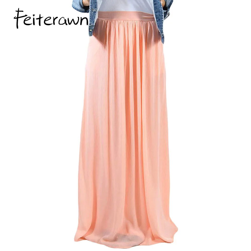 Feiterawn Solid Elastic Waist Pleated Gauze Maxi Skirt With Lining Sexy