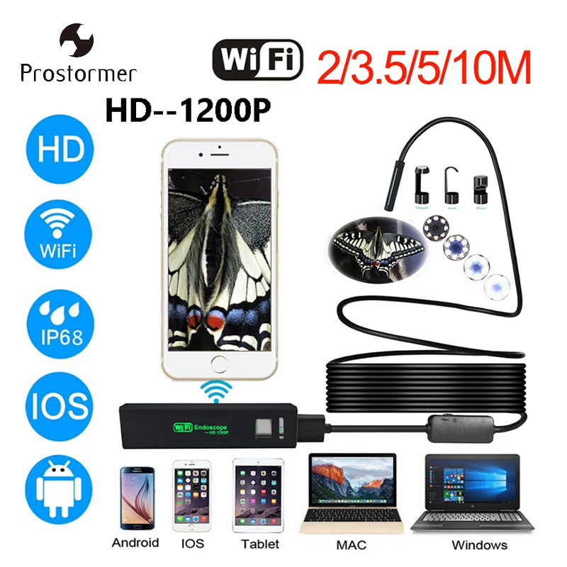 PROSTORMER 8mm Wifi Endoscope Camera 1200P Hardwire Borescope For iphone Android Phone 2 3.5 5 10M Waterproof Inspection Camera