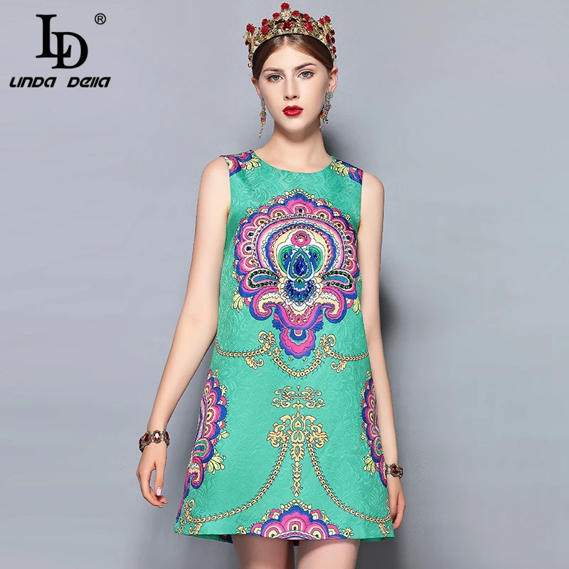 

LD LINDA DELLA Fashion Runway Mini Summer Dress Women's Sleeveless Gorgeous Crystal Beading Printed Vintage Elegant Dress Female