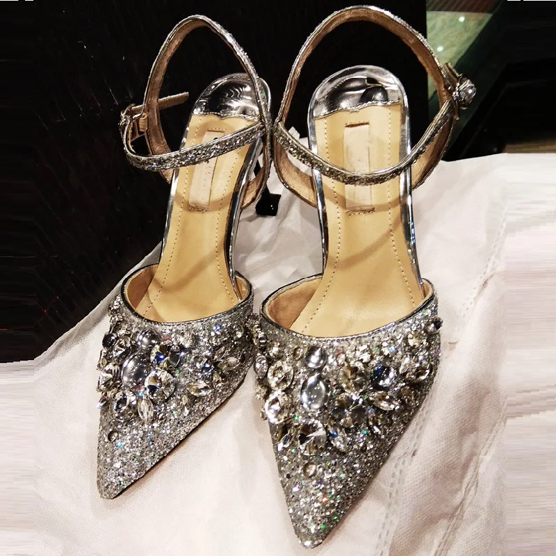 

2018 Summer Sandals Women High Heels Buckle Strap Thin Heels Sandals Sequins Crystal Women's Pump Sexy Slivery Wedding Shoes