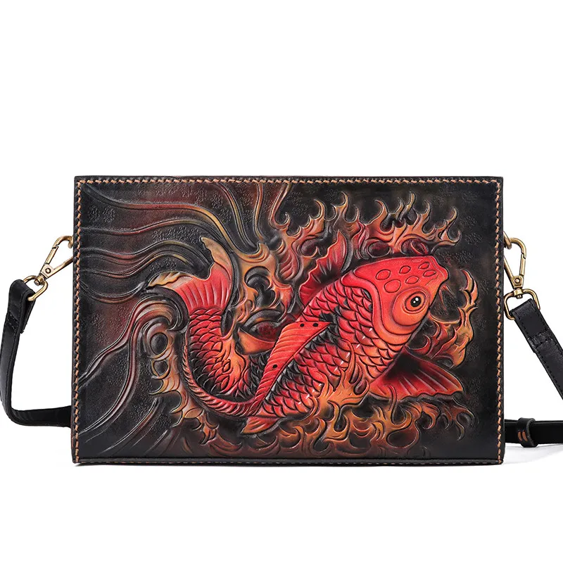 Handmade Business Men Vegetable Tanned Leather Carving Tiger Bag Money Holder Clutch Purse Phone Pocket Man Clutches Envelope |